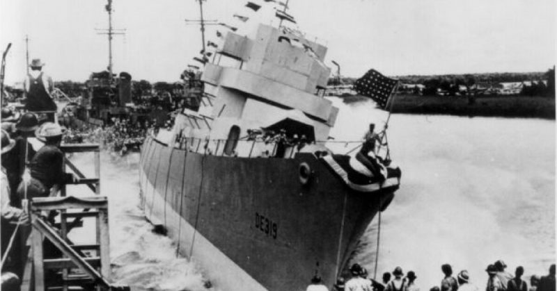 The USS Leopold (DE-319) being launched in June 1943;