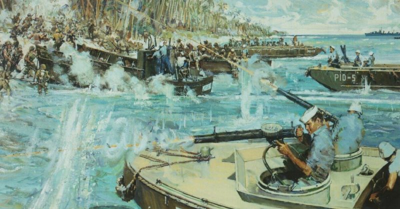 A painting of Munro providing fire support from his LCP(L) by Bernard D'Andrea.