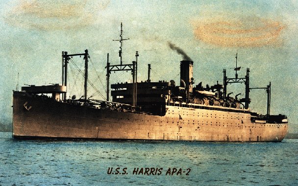 Evenson served the majority of his time in the Navy during World War II aboard the USS Harris (APA—2)—a passenger ship acquired by the Navy and converted into a troop transport. Courtesy of the Museum of Missouri Military History.