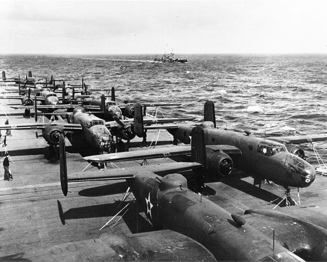 B-25Bs on the USS Hornet en route to Japan.
