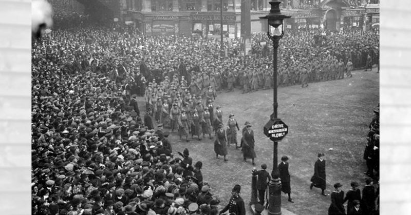 The Women's Army Auxiliary Corps marching in London at the end of World War I.