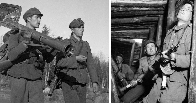 Left: Finnish antitank patrol advancing to Kemi when fighting against Germans during Lapland War in Finland. The gun is a German bazooka 