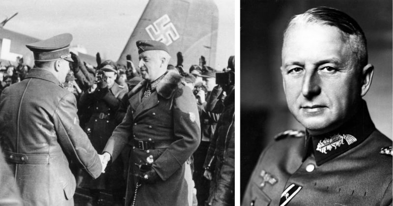 Left: On 10 March 1943, under heavy security, Hitler flew to Army Group South's headquarters at Zaporozh'ye, Ukraine, only 48 km (30 mi) from the front lines, to review the military situation. Manstein greets Hitler upon his arrival at the local airfield; on the right are Hans Baur and the Luftwaffe Generalfeldmarschall Wolfram von Richthofen. Photo: Bundesarchiv, Bild 146-1995-041-23A / CC-BY-SA 3.0. Right: Erich von Manstein in 1938. Photo: Bundesarchiv, Bild 183-H01757 / CC-BY-SA 3.0.