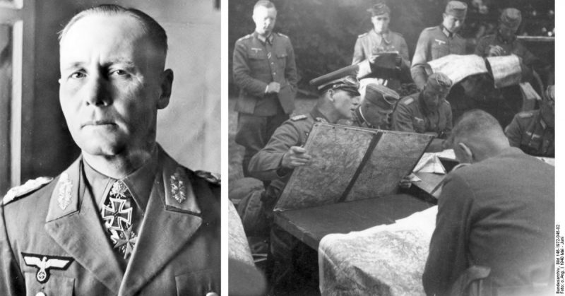 Left: Field Marshal Erwin Rommel in 1942. Right: German Army Major General Erwin Rommel studying maps with officers, France, May-June 1940. Bundesarchiv - CC-BY-SA 3.0.