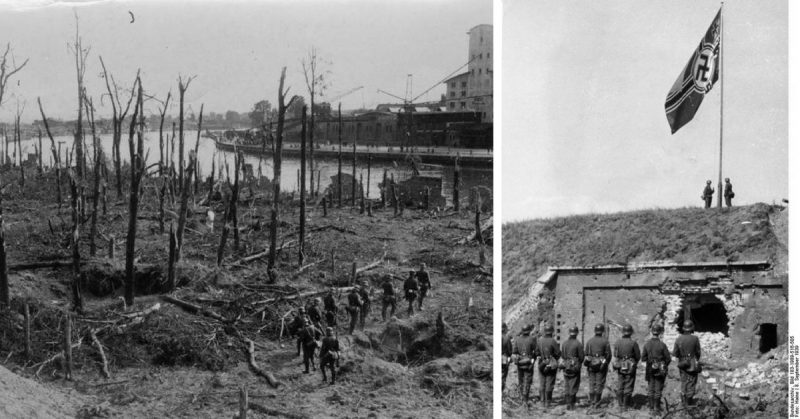 Left: Westerplatte in the aftermath of the German siege. Right: Reichskriegsflagge on Westerplatte. Bundesarchiv - CC-BY-SA 3.0.
