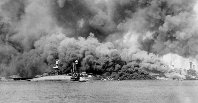 USS Oklahoma, USS Maryland and USS West Virginia during the Japanese attack on Pearl Harbor, 7 December 1941.