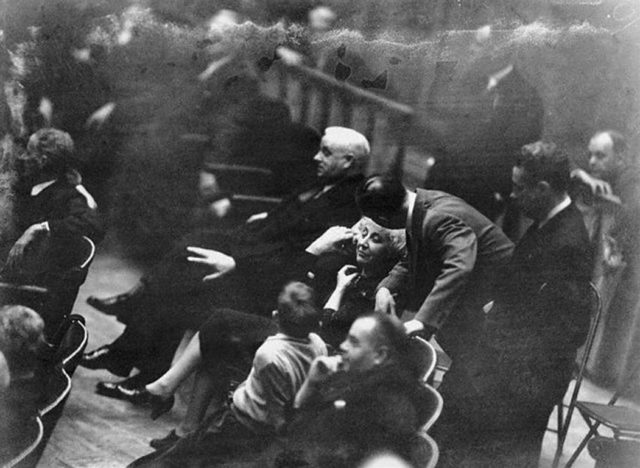 Jeannette Rankin listens to lobbying for a unanimous vote for the declaration of war. A longtime pacifist, Rankin ultimately voted no and was the only House member to do so. (Library of Congress)