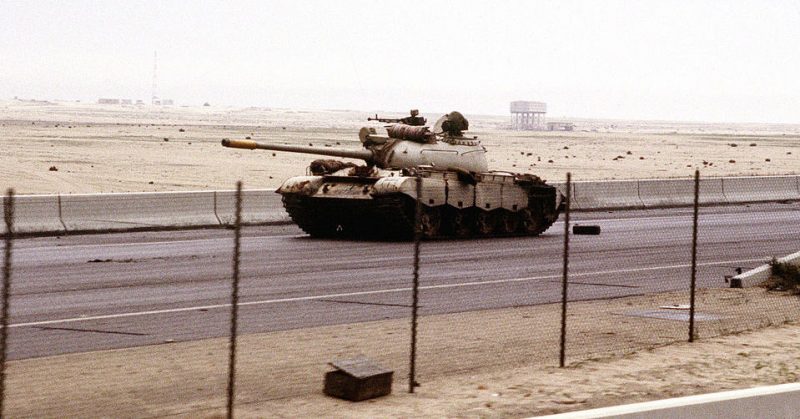 Iraqi Type 69 tank on the road into Kuwait City during the Gulf War.