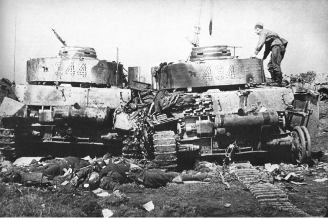 Two damaged Panzer IV tanks of the German 20th Panzer Division as a result of Operation Bagration in June 1944; 