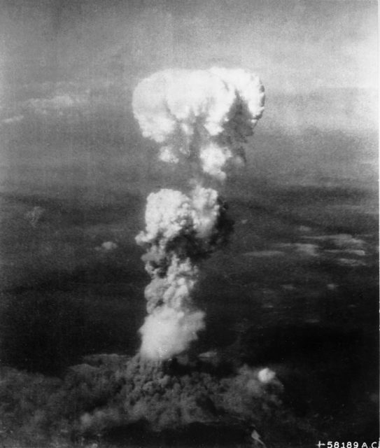 The atomic bomb exploding over Hiroshima on August 6, 1945.