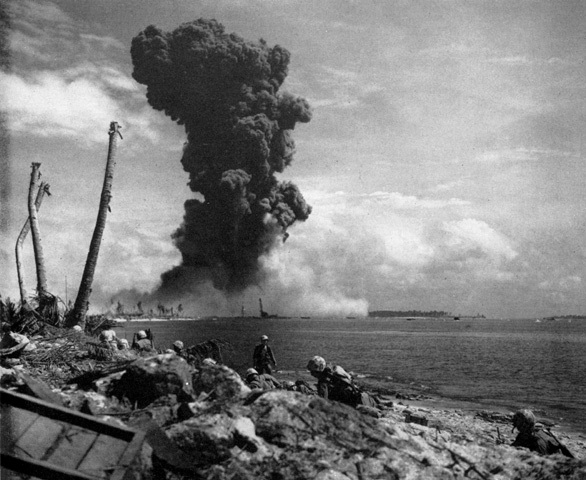 The explosion of a torpedo magazine on Namur-Kwajalein as seen from Roi 1944.