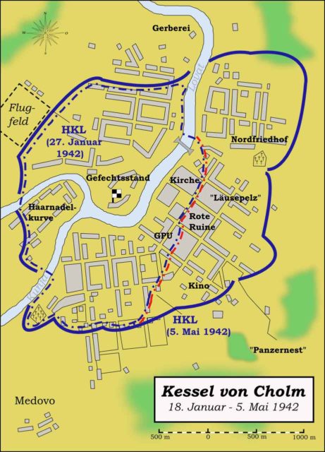 Map showing the pocket Kholm (January – May 1942) during the German-Soviet War 1941-1945. By Memnon335bc – CC BY-SA 3.0