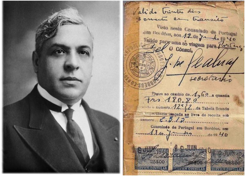 Left: Aristides de Sousa Mendes. Right: Life saving visa issued by Aristides de Sousa Mendes in June 19, 1940. Huddyduddy - CC-BY SA 3.0