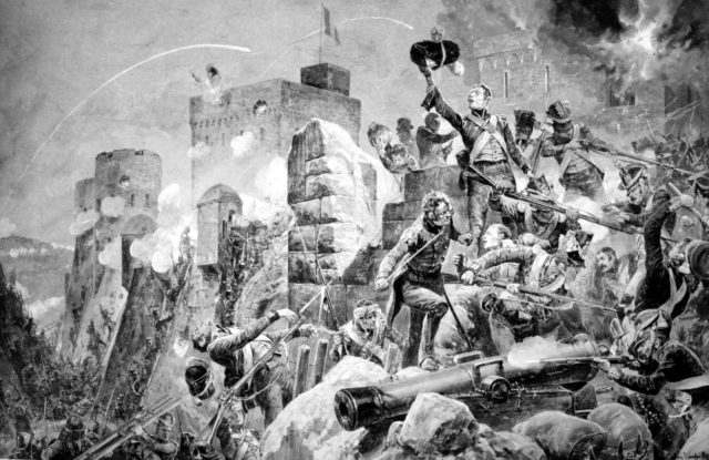 “The Devil’s Own” 88th Regiment at the Siege of Badajoz. Watercolour en grisaille by Richard Caton Woodville Jr. (1856-1927)