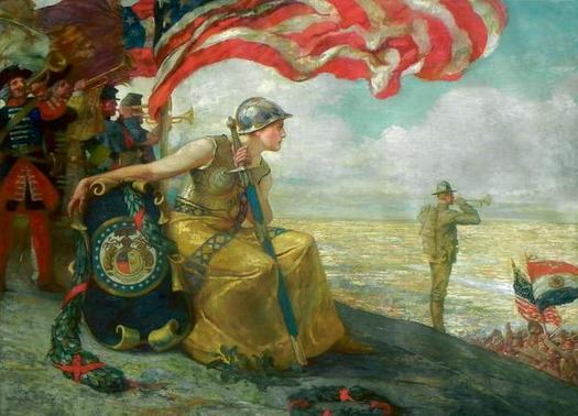 “The Call of Missouri” is a painting by the famed muralist Edwin Blashfield that was commissioned by the Kansas City Chapter of the Daughters of the American Revolution in 1918. The painting mysteriously disappeared from its original home in the early 1980s and his since been sold at auction and purchased by an unknown collector. Courtesy of Museum of Missouri Military History.
