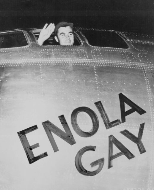 Colonel Paul Tibbets aboard the Enola Gay before flying to Japan with an atom bomb on board.