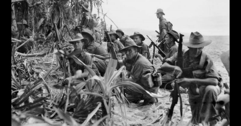 Australian forces preparing to assault Japanese positions near Matapau during the Western New Guinea Campaign in January 1945. 
