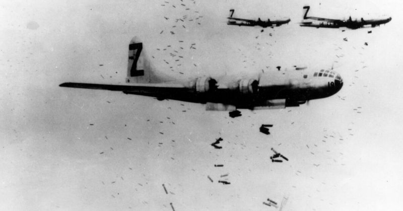 B-29 Superfortress planes bombing Yokohama in May 1945.
