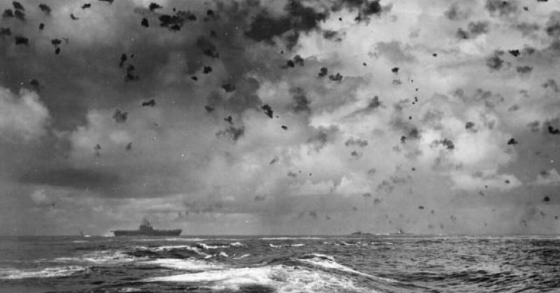 The USS Enterprise and escort ships firing at Japanese planes during the Battle of Santa Cruz on October 26, 1942.