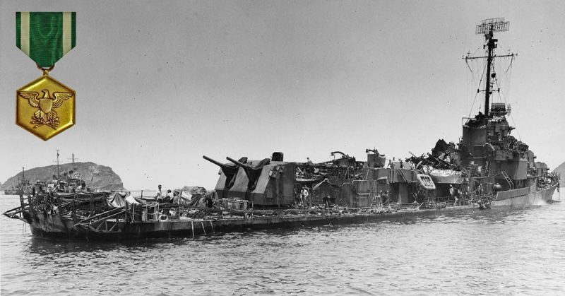 USS Aaron Ward (DM-34) damaged by kamikazes, May 1945.
