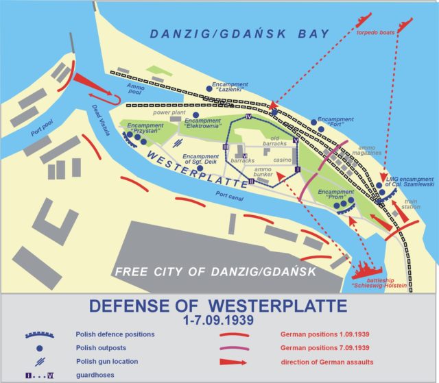 Map of the Battle of Westerplatte. Lonio17. GFDL.