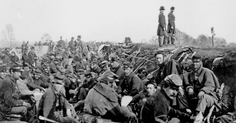 Soldiers of the VI Corps, Army of the Potomac, in trenches before storming Marye's Heights at the Second Battle of Fredericksburg during the Chancellorsville campaign, Virginia, May 1863. This photograph (Library of Congress #B-157) is sometimes mistakenly labeled as taken at the 1864 Siege of Petersburg, Virginia.