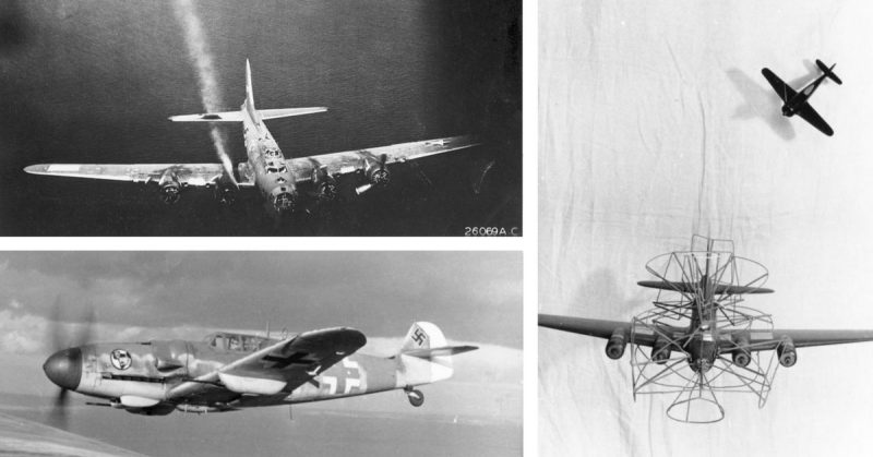 Top-Left:  Boeing B-17F of the 95th Bomb Group with damage to the No. 3 engine. Bottom-Left: Bf 109 G-6, 1944. Right: German training model on how to attack a 