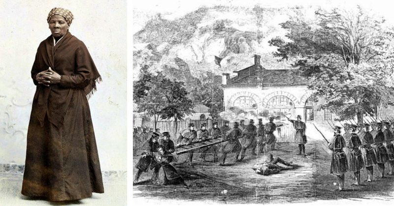 Left: Harriet Tubman c. 1885. Right: Harper's Weekly illustration of U.S. Marines attacking John Brown's 