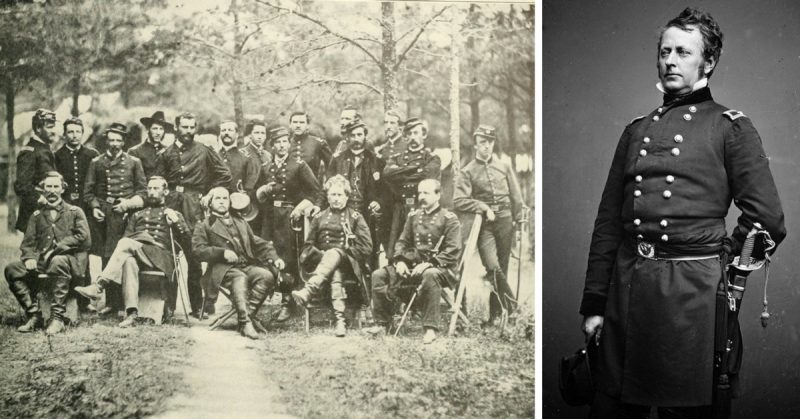 Left: Union General Joseph Hooker (seated 2nd to right) and his staff, 1863. Right: Portrait by Mathew Brady or Levin C. Handy.