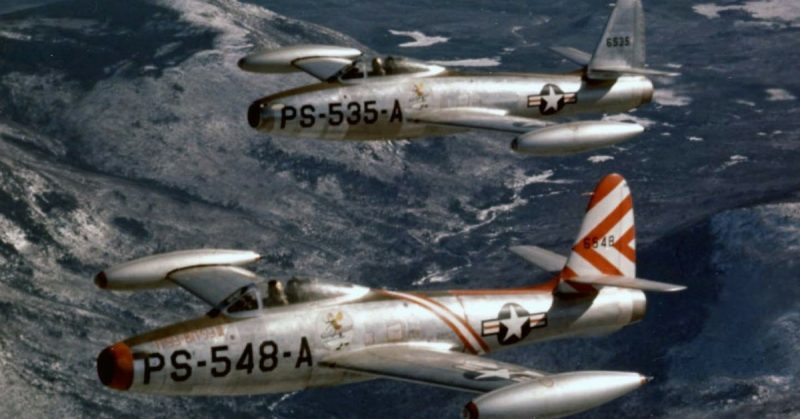 Photo: U.S. Air Force Republic P-84B Thunderjet fighters (s/n 46-548, 46-535, 46-581) of the 48th Fighter Squadron, 14th Fighter Group, 1948.