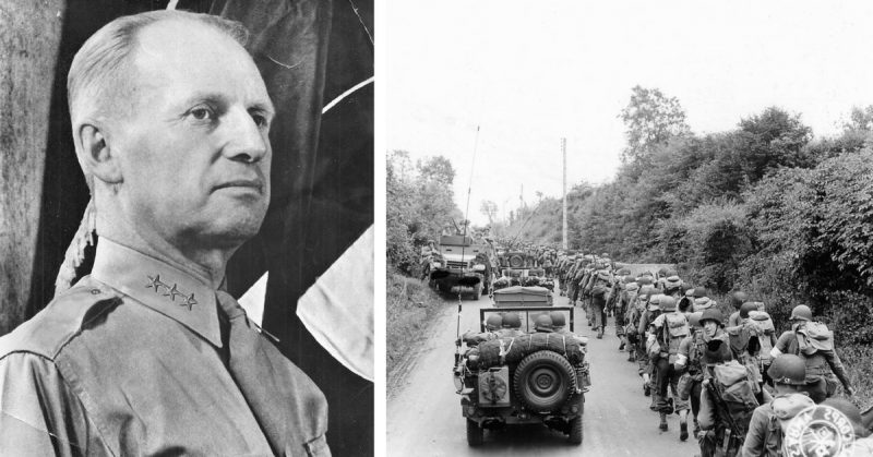 Left: McNair as Army Ground Forces commander. Right: US Army soldiers and jeeps on their way to the front lines, Saint-Lô, France, 1944.