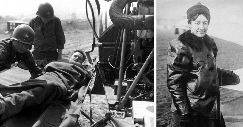 Left: American casualty evacuated by helicopter, Korean War, 1951. Right: Marie Marvingt.