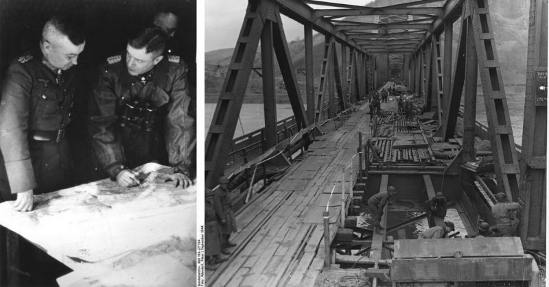 Left: Walter Model (left) with SS-Brigadeführer Heinz Harmel. Photo: Bundesarchiv, Bild 183-J27784 / Adendorf, Peter / CC-BY-SA 3.0. Right: The Allied capture of the bridge at Remagen was the beginning of the end for Model.
