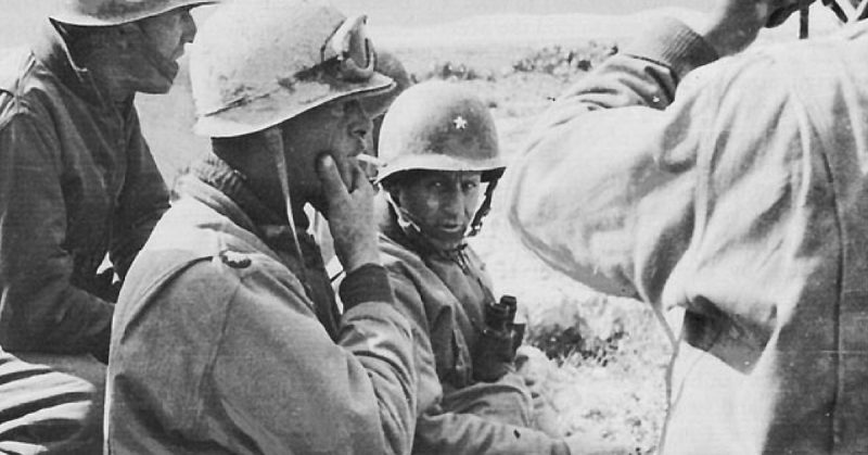 Paul McDonald Robinett (in the centre), Commander of Combat Command B, 1st Armored Division, on reconnaissance, Maknassy valley.