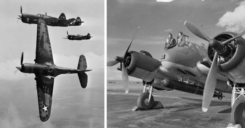 Left: U.S. Army Air Force Curtiss P-40F Warhawk fighters on a training flight out of Moore Field, near Mission, Texas (USA), in 1943. Right: The crew of a Bristol Beaufighter Mark VIC (ITF) of No 144 Squadron RAF stand by the cockpit of their aircraft at a dispersal at Tain, Ross-shire. The Interim Torpedo Fighter, or "Torbeau" as this version was known, is armed with a Mark XII aerial torpedo. Note the aerial camera port in the nose.