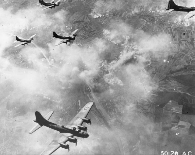 B-17F formation over Schweinfurt, Germany, 1943.
