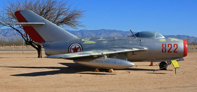 A Soviet-built MiG 15 with North Korean markings. The arrival of MiGs challenged UN air superiority;