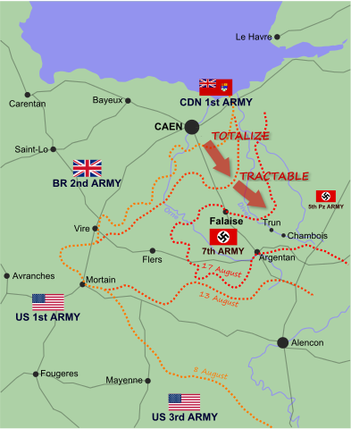 Allied gains during the Canadian offensives of Operations Totalize and Tractable. Photo: EyeSerene (talk) – Own work, GFDL.