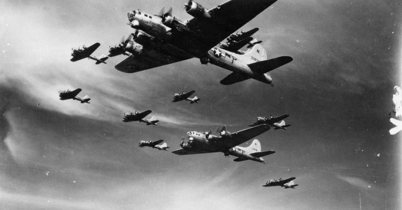 Formation of B-17 bombers during WWII.