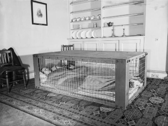 The Morrison shelter was an indoor cage that was designed to protect the occupants from masonry and debris if the house was hit by a bomb.