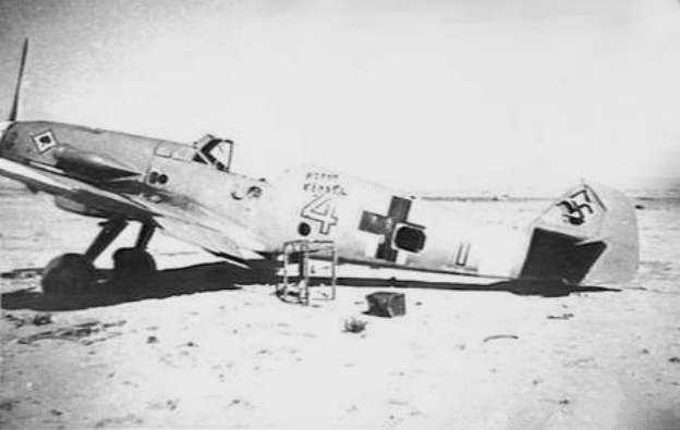 A damaged Me 109 JG53 in North Africa, circa 1942.