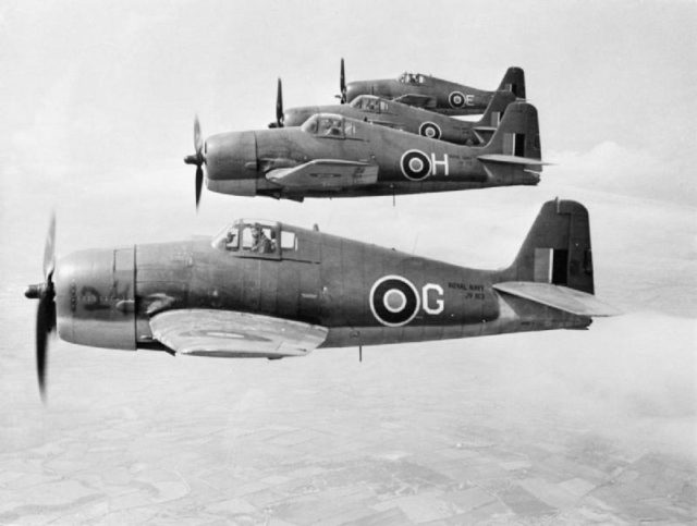 A section of Fleet Air Arm Hellcat F Mk.Is of 1840 Squadron in June 1944.