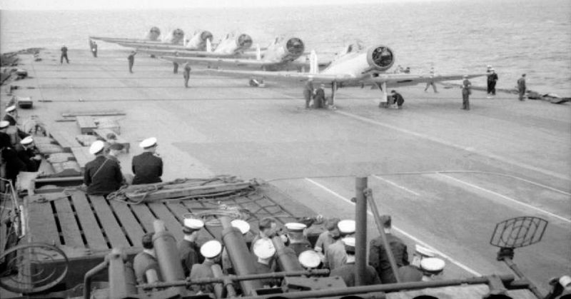 Blackburn Skuas of the No 800 Squadron Fleet Air Arm preparing to take off from the Ark Royal to drop sea mines at the mouth of Mers-el-Kébir