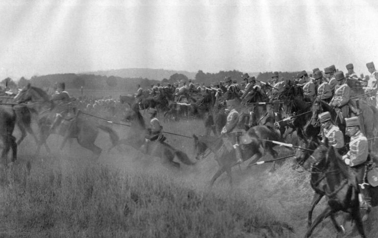 German Army hussars on the attack during maneuvers, 1912.