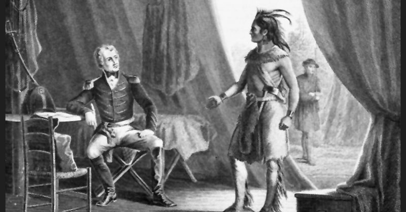 Print shows Andrew Jackson sitting in a chair on the left, in a tent, speaking with William Weatherford who is standing on the right near the opening of the tent. 