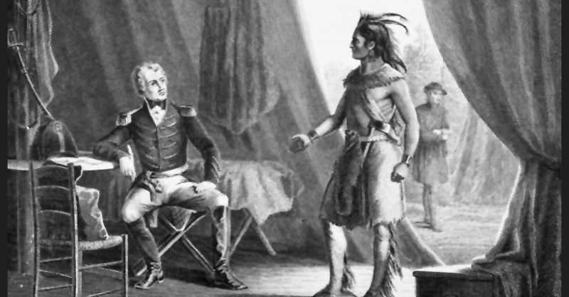 Print shows Andrew Jackson sitting in a chair on the left, in a tent, speaking with William Weatherford who is standing on the right near the opening of the tent. 