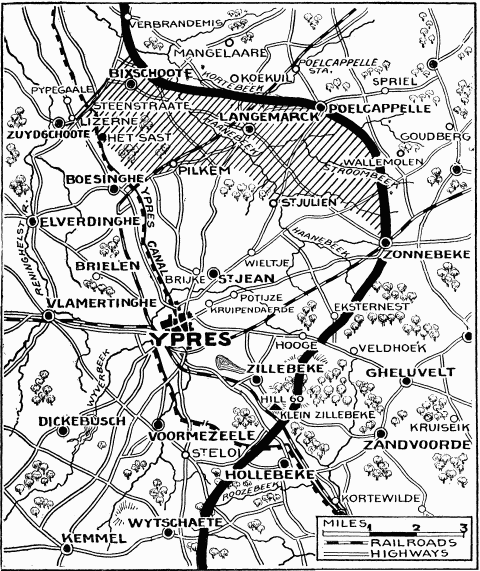 Map showing reported positions during the Second Battle of Ypres, as at about 30 April 1915.