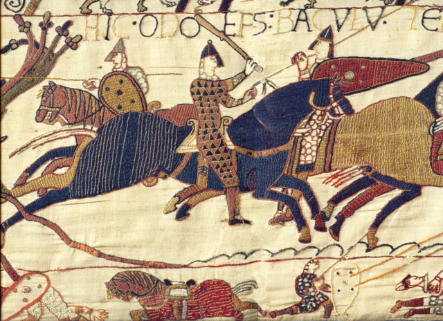 A segment of the Bayeux Tapestry depicting Odo, Bishop of Bayeux, rallying Duke William’s troops during the Battle of Hastings in 1066.