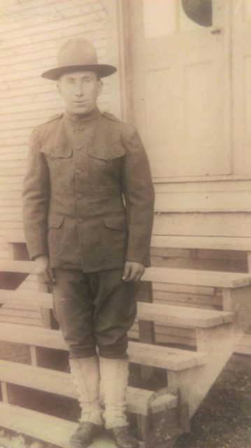 Strobel is pictured in uniform at Camp Funston, Kan., in 1917. Initially inducted into an Army unit comprised of many local residents, he went on to serve as a replacement in a field artillery regiment. Courtesy of Audrey Scheperle.