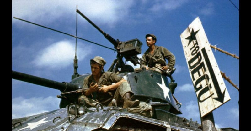 The crew of an M-24 tank at the Naktong River, August 1950.
